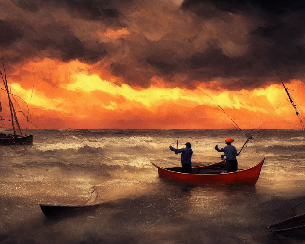 Fishermen in small boat on turbulent sea with fiery sky, sailing ship, and capsized boat.