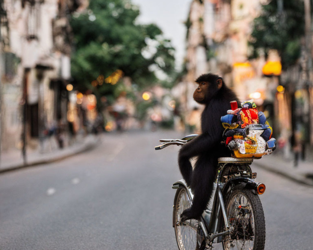 Black monkey on bicycle with colorful items in old city street at dusk