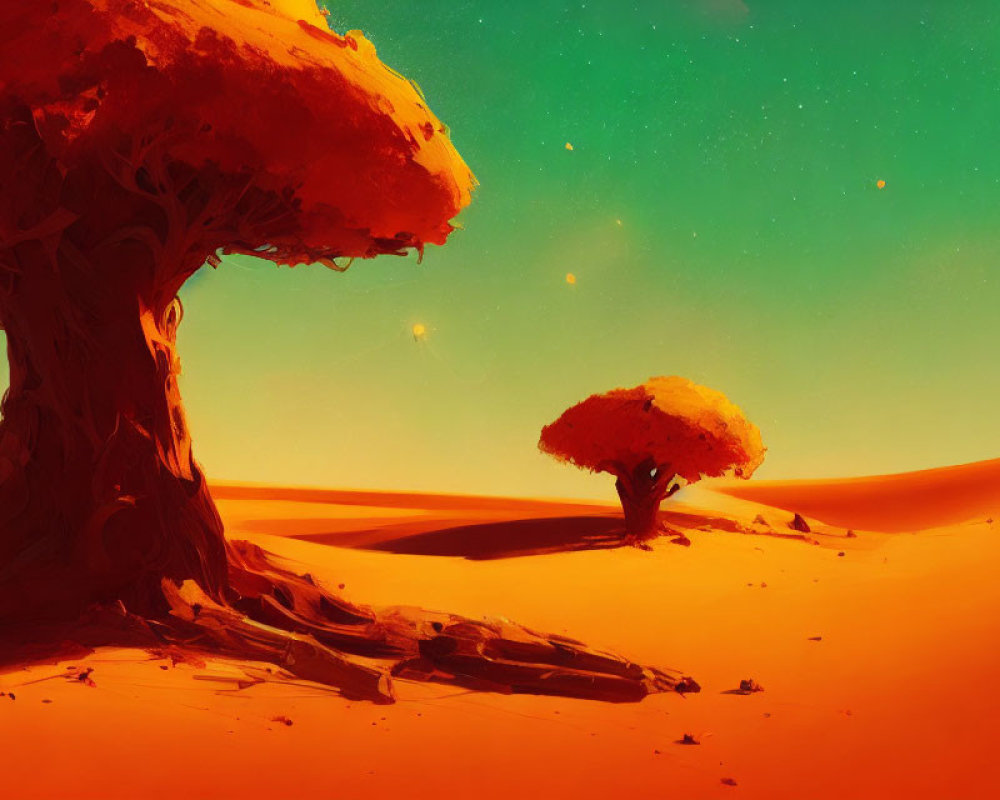 Surreal desert landscape with mystical trees under green starlit sky