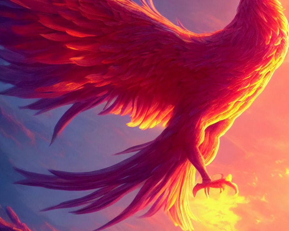 Majestic red phoenix soaring in vibrant sunset sky