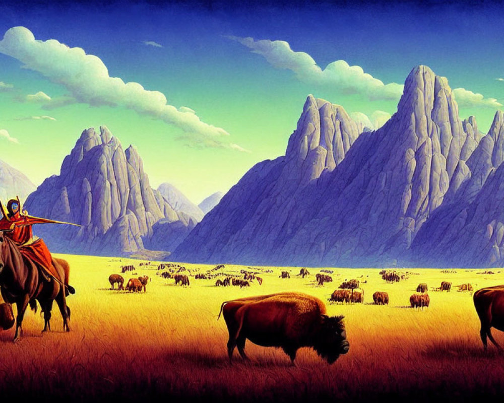 Illustration of lone rider on horseback with bison and mountains.