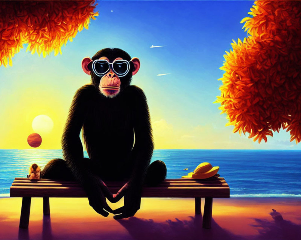 Monkey with sunglasses on beach bench at sunset with orange trees and smaller monkey.