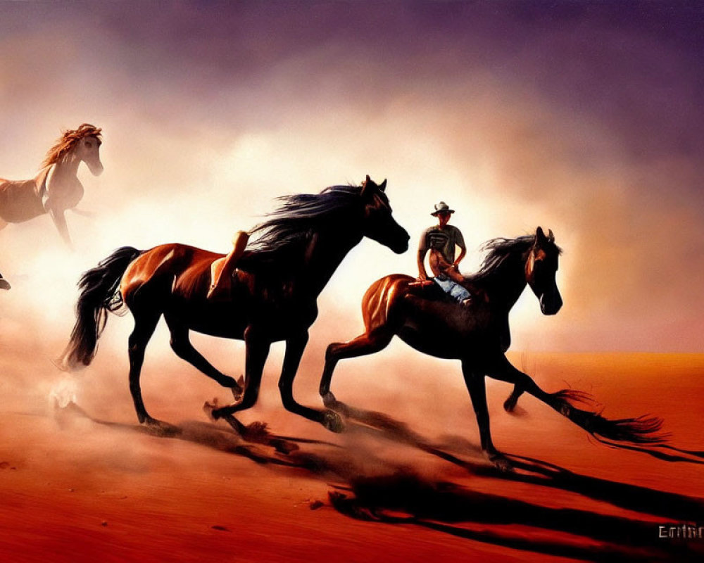 Group of horses running in desert with cowboy in dusty, orange landscape