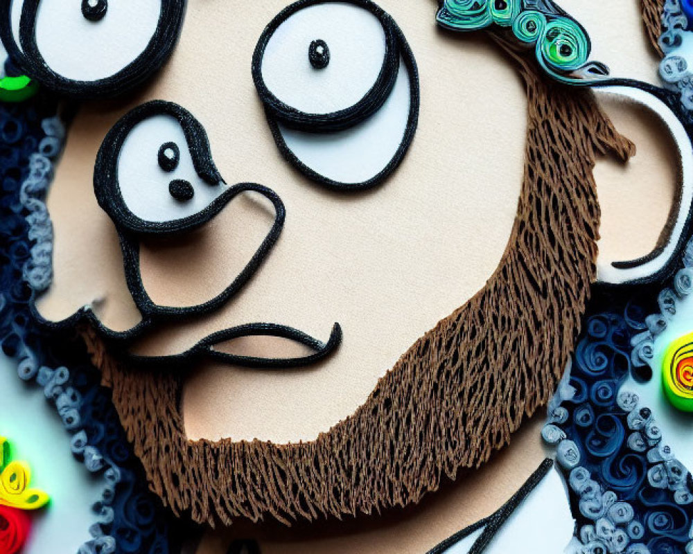 Vibrant paper quilling art of a whimsical male face with textured hair