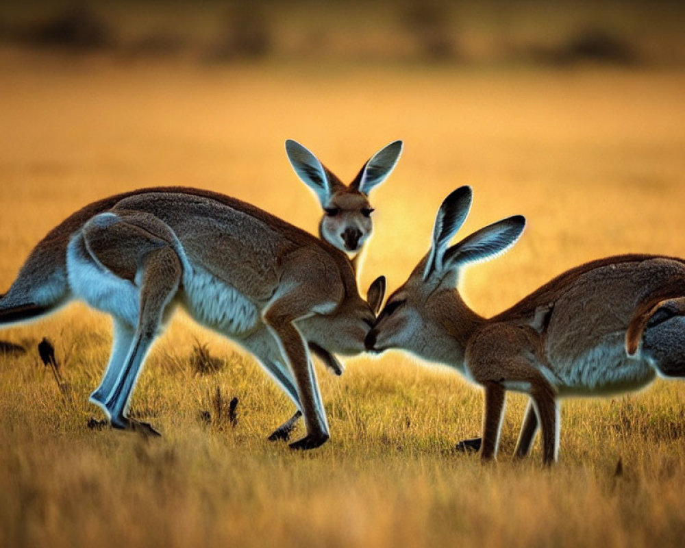 Kangaroos interacting in golden grassland