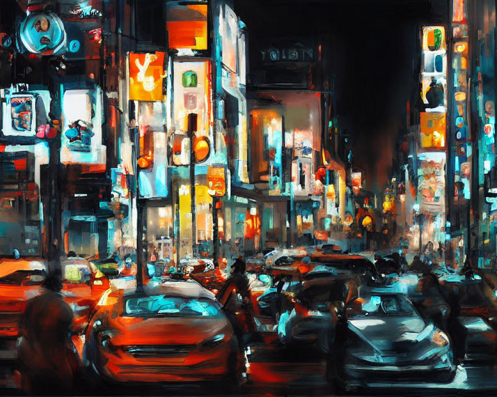 Colorful city street painting with billboards and traffic at night.