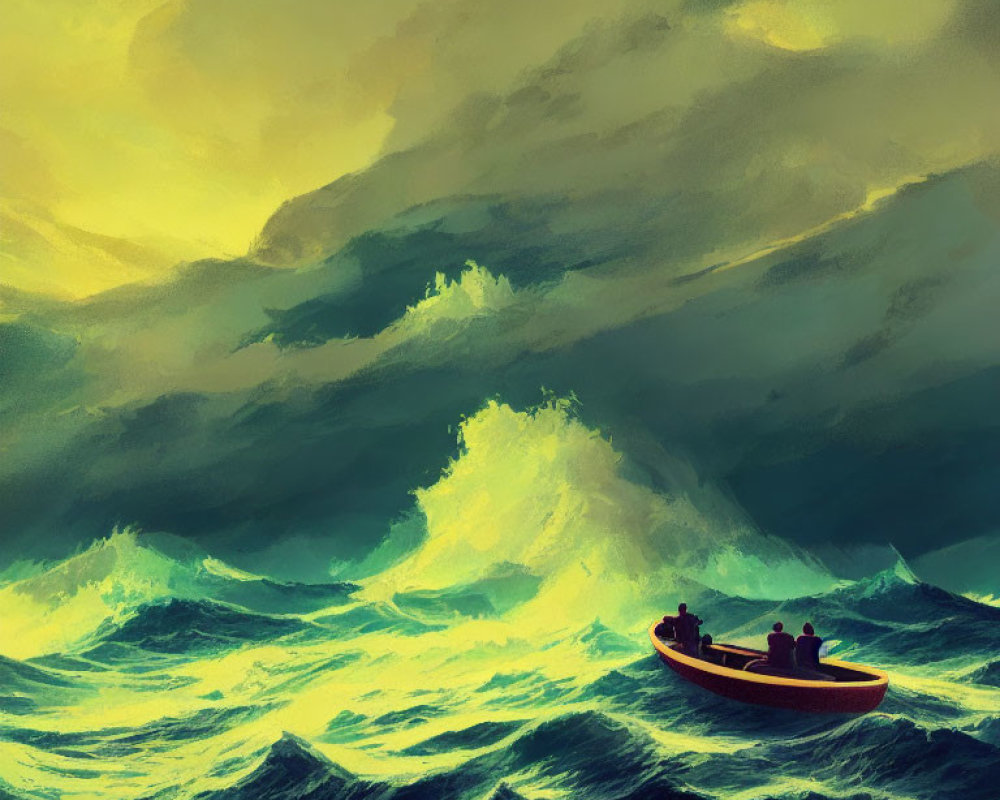 Small boat with two people in tumultuous sea waves under stormy sky