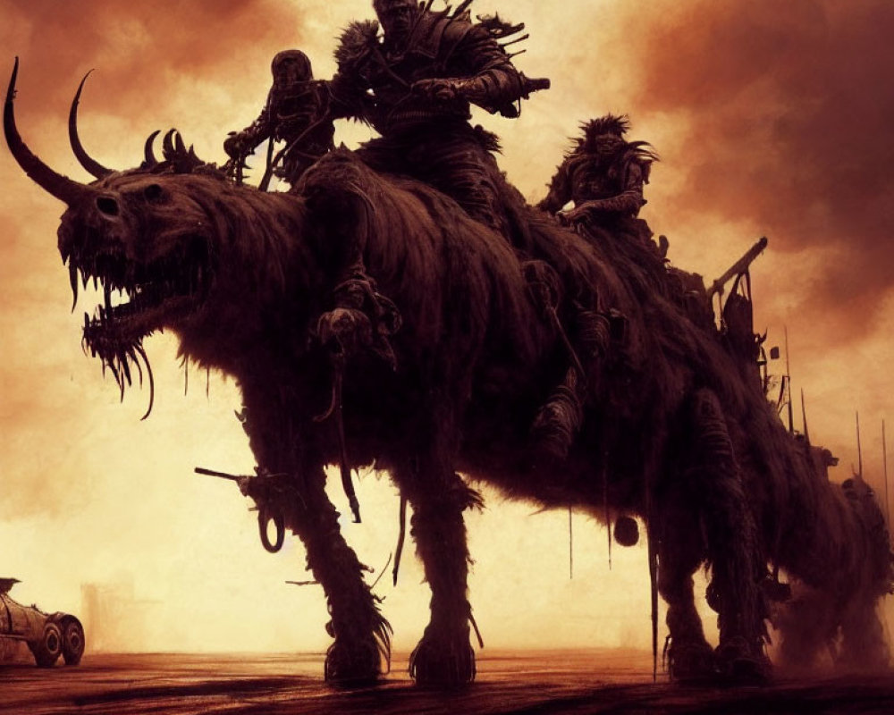 Warriors riding shaggy beast with horns in dramatic sepia landscape