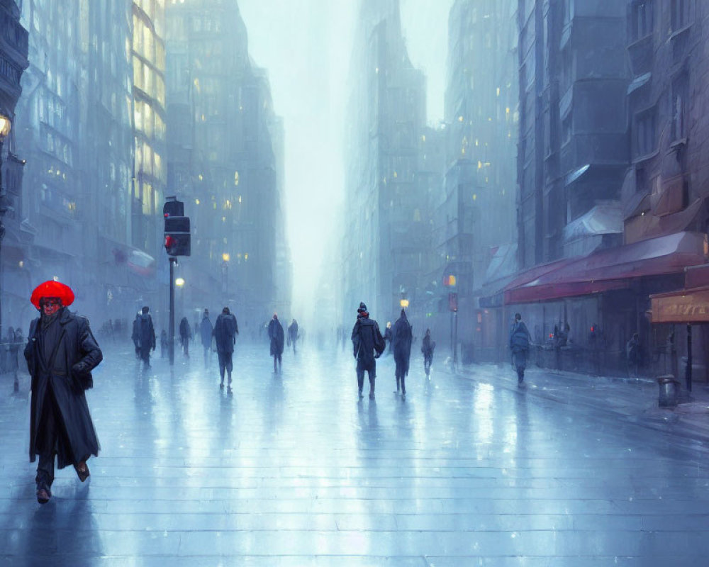 Person with red umbrella walking in rainy city scene.