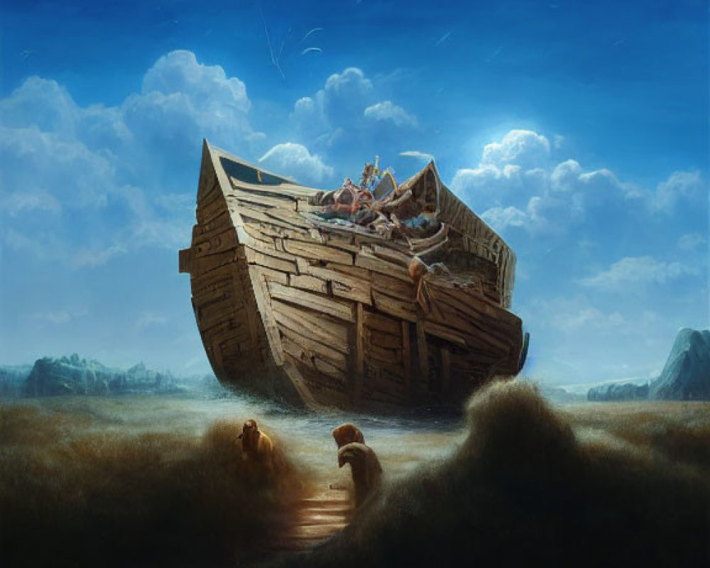 Abandoned wooden boat with figures, lions on grassy plain