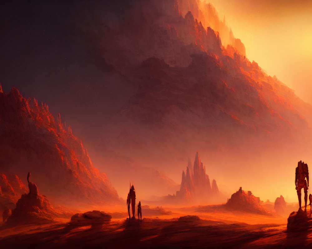 Explorers on Red Alien Landscape with Jagged Mountains