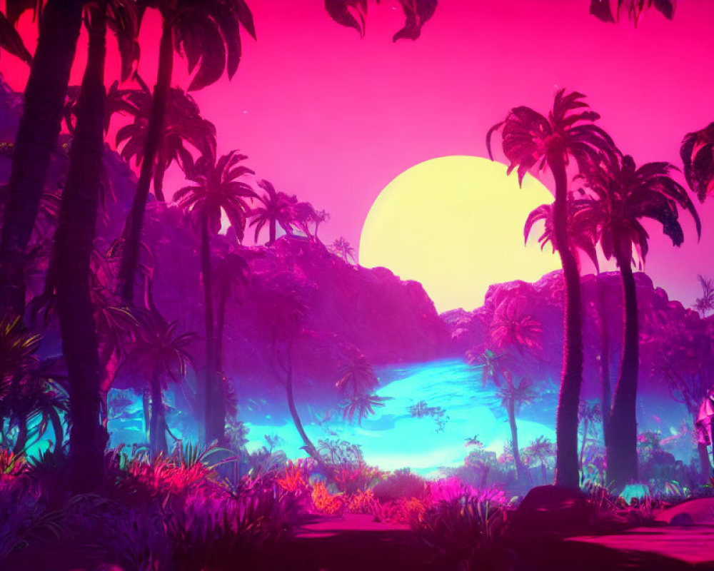 Vibrant neon-lit tropical sunset with palm trees and river