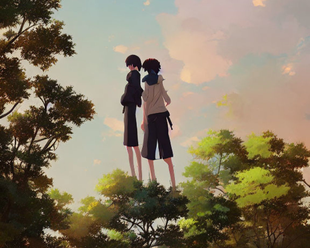 Two animated characters in lush greenery under soft-lit sky