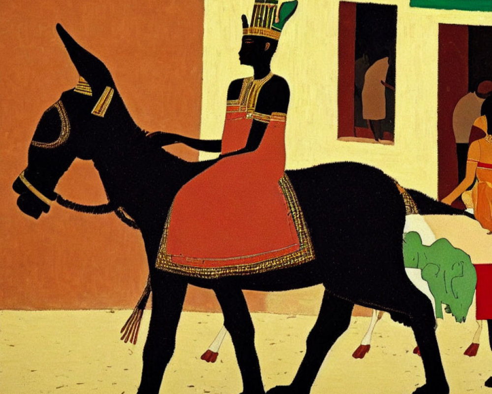 Stylized painting of figure in ancient Egyptian attire riding black donkey