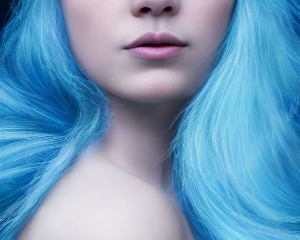 Portrait of a person with blue hair, golden flower crown, blue eyeshadow, and fair skin