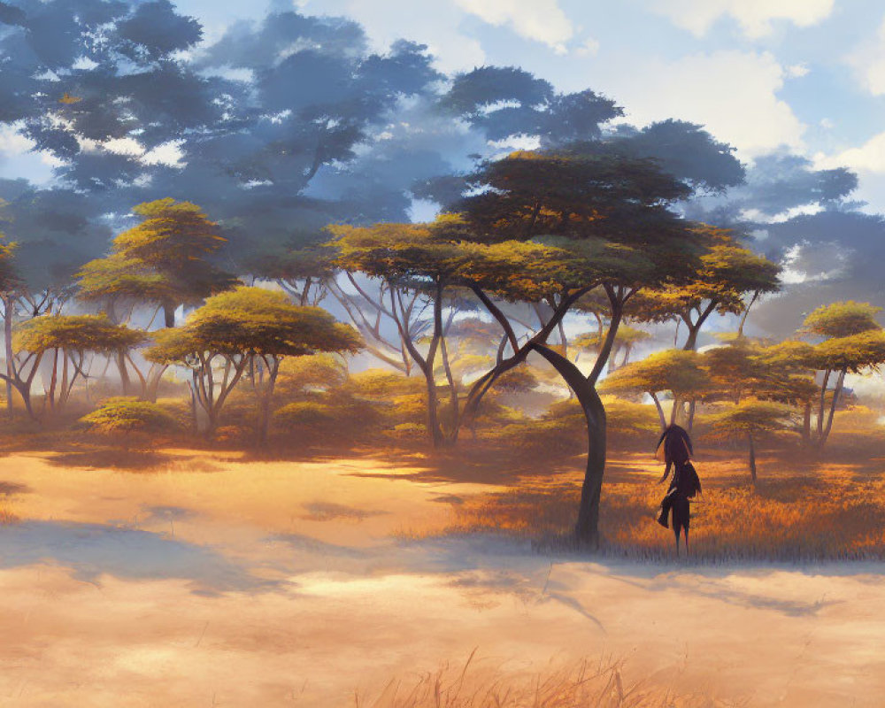 Sunrise savanna landscape with acacia trees and golden grasslands