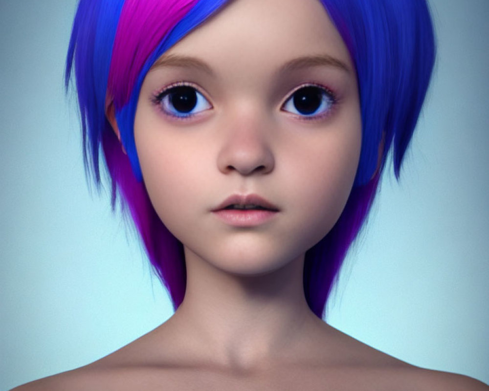 Character with Large Purple Eyes and Short Blue Hair in 3D Rendering