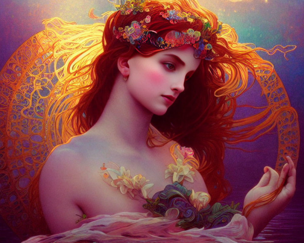 Digital artwork: Mythical woman with red hair, floral crown, golden halo, in purple backdrop