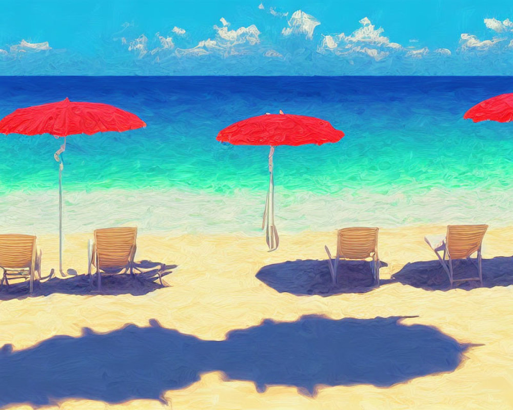 Beach scene with red umbrellas on golden sand by serene blue sea