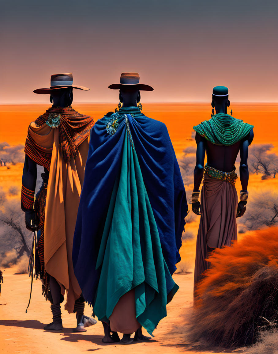 Three people in traditional African clothing in desert landscape