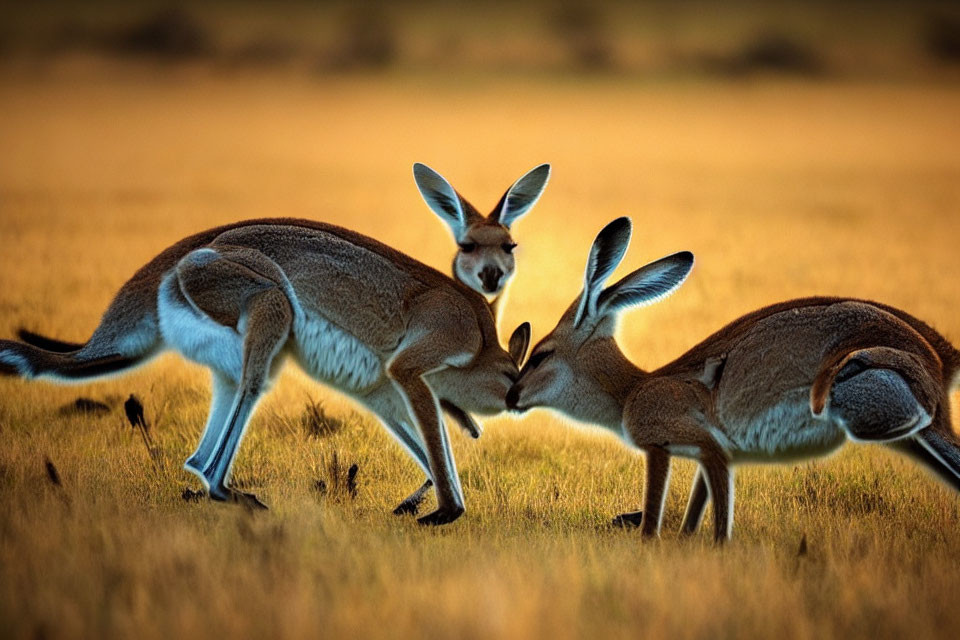 Kangaroos interacting in golden grassland