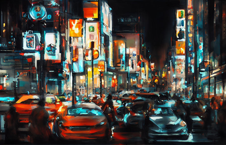 Colorful city street painting with billboards and traffic at night.