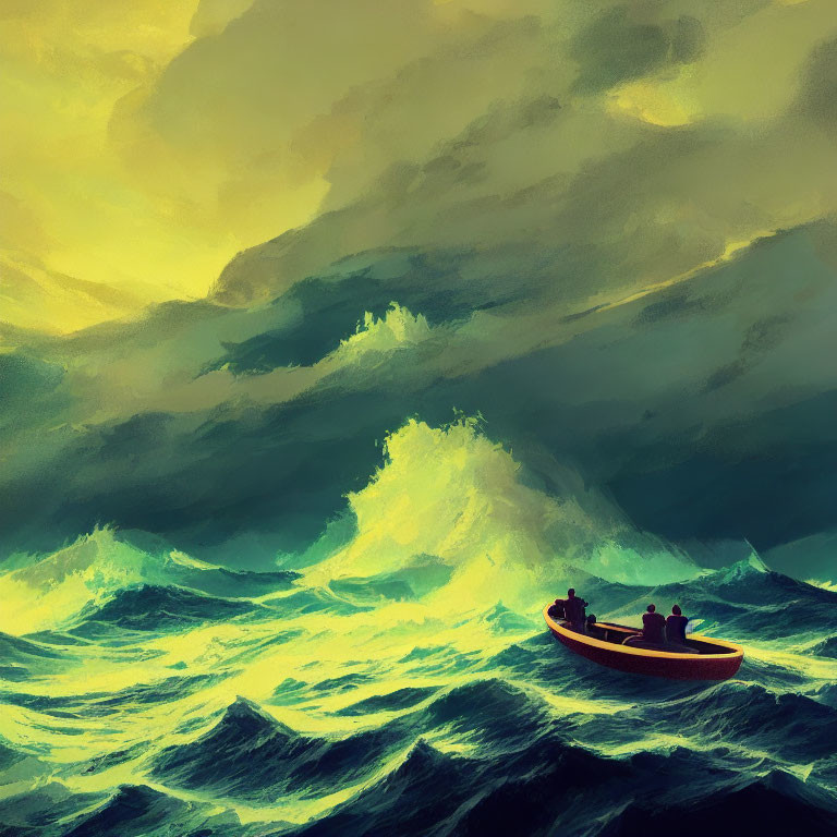 Small boat with two people in tumultuous sea waves under stormy sky