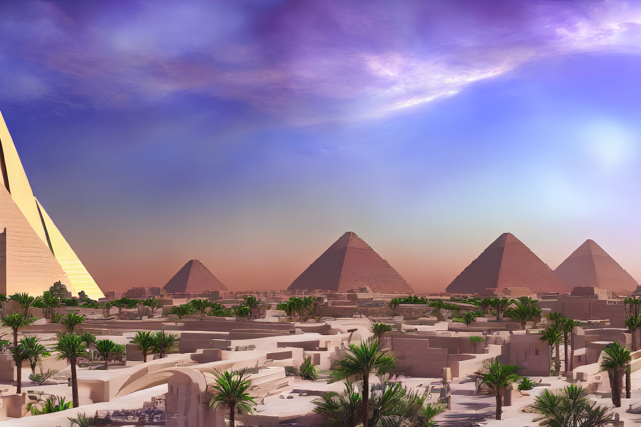 Ancient Egyptian Pyramids in Desert Sunset Landscape