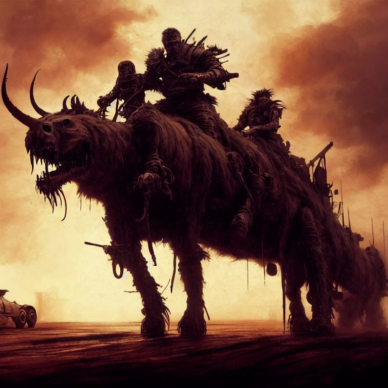 Warriors riding shaggy beast with horns in dramatic sepia landscape