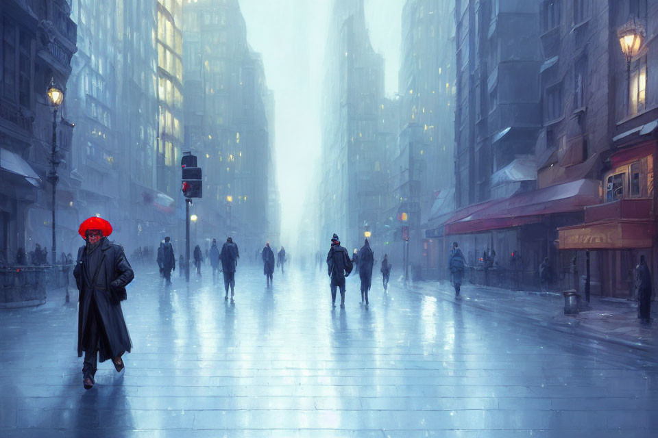 Person with red umbrella walking in rainy city scene.