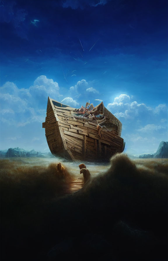 Abandoned wooden boat with figures, lions on grassy plain