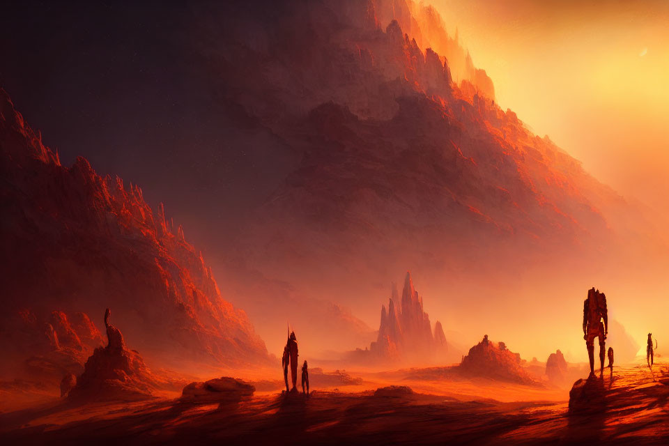 Explorers on Red Alien Landscape with Jagged Mountains