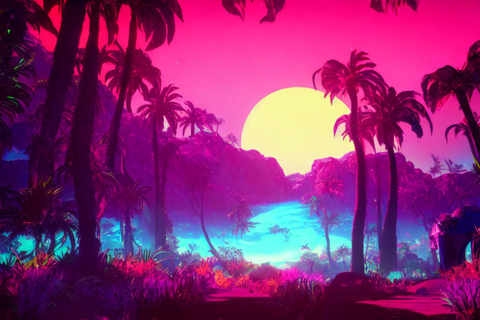 Vibrant neon-lit tropical sunset with palm trees and river