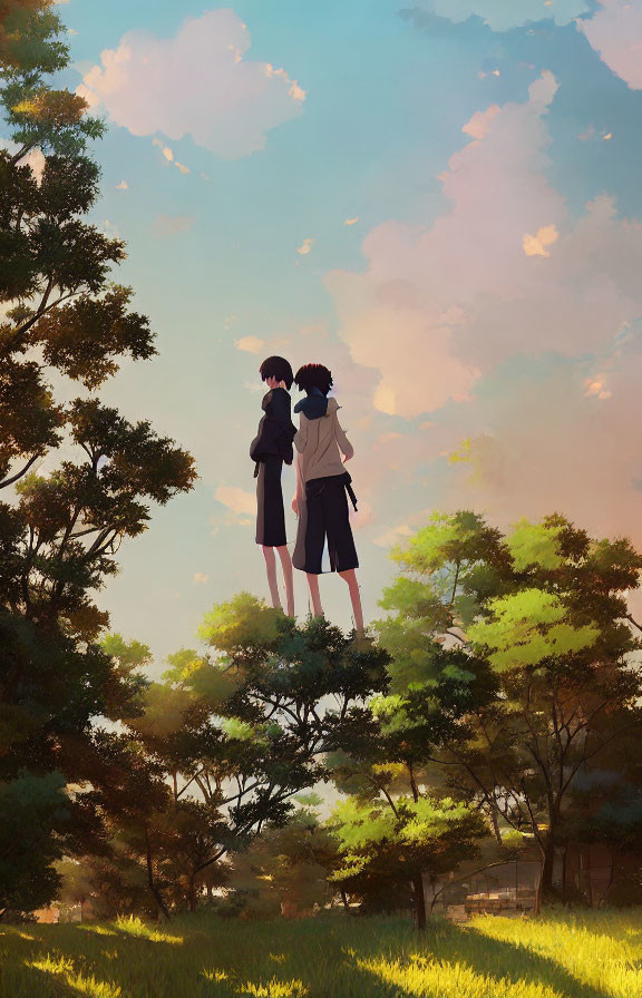 Two animated characters in lush greenery under soft-lit sky