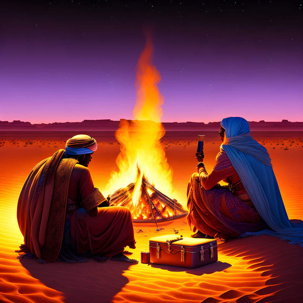 Two individuals in traditional robes at desert campfire under starry sky.