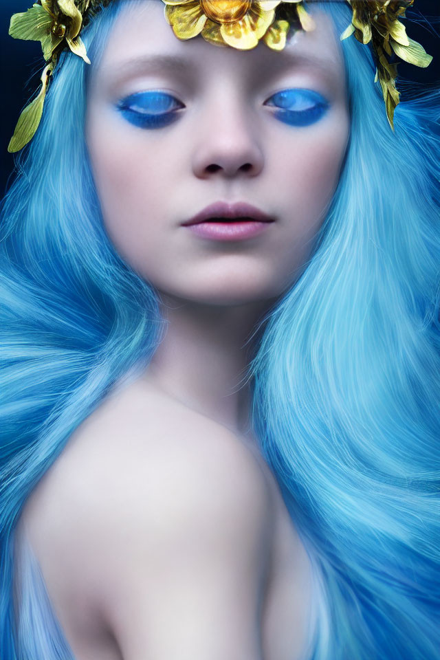 Portrait of a person with blue hair, golden flower crown, blue eyeshadow, and fair skin