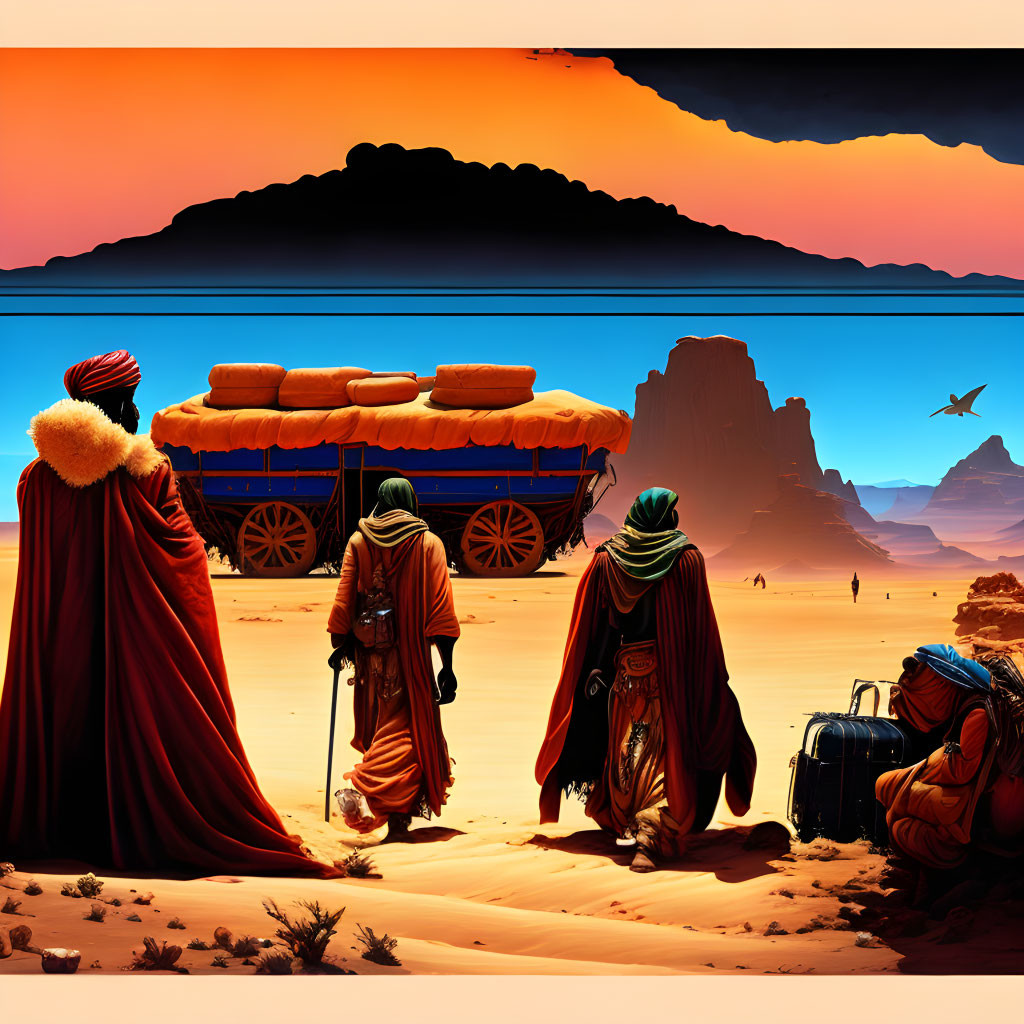 Three People in Red Cloaks and Turbans in Desert Sunset