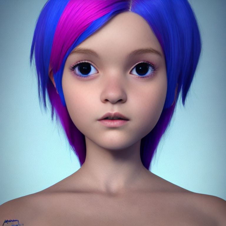 Character with Large Purple Eyes and Short Blue Hair in 3D Rendering