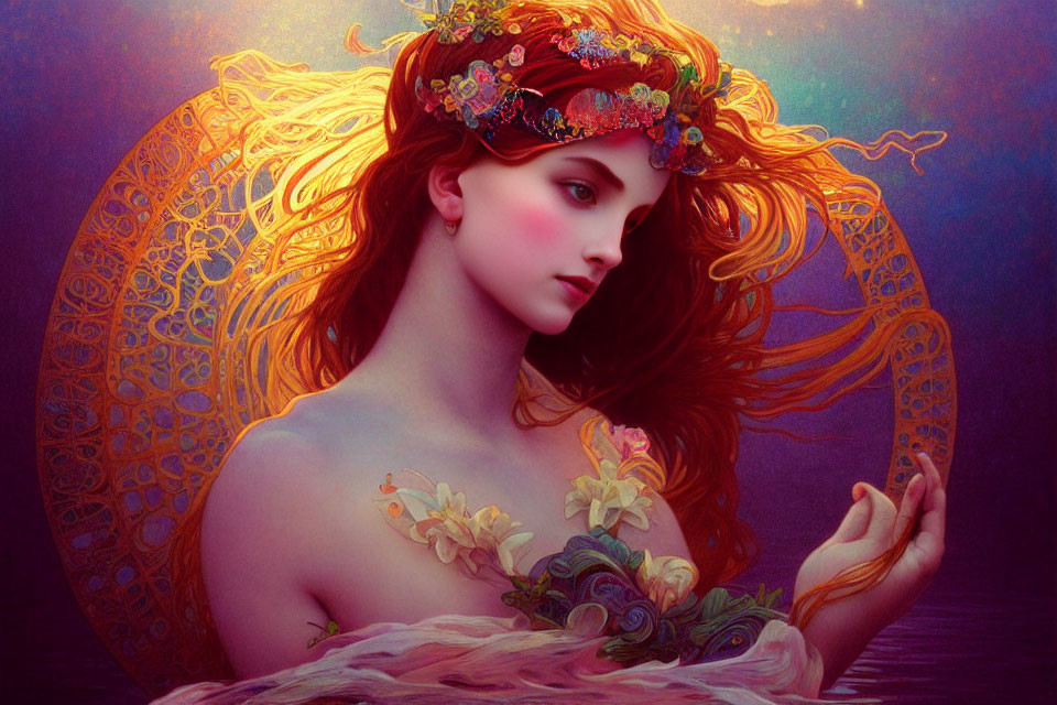 Digital artwork: Mythical woman with red hair, floral crown, golden halo, in purple backdrop