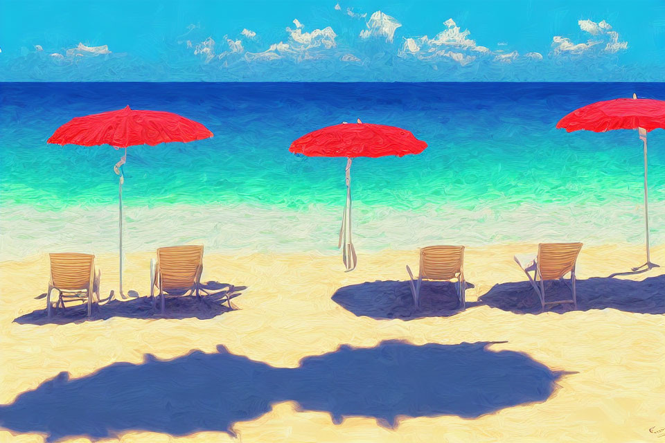 Beach scene with red umbrellas on golden sand by serene blue sea