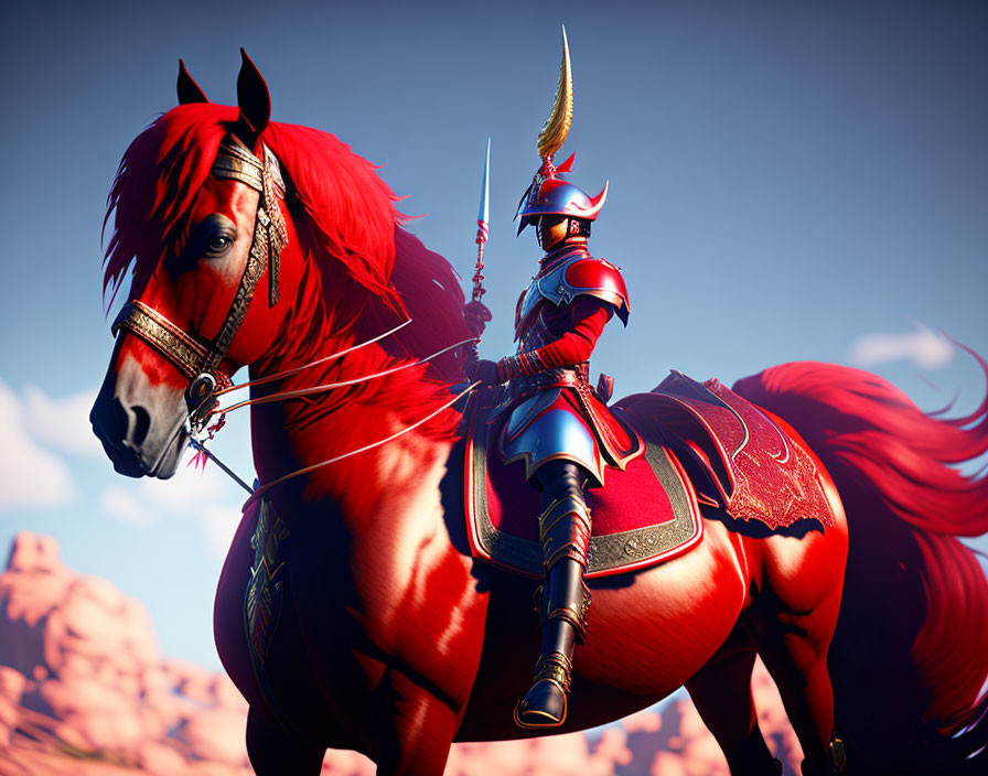 Colorful 3D rendering: Knight in red armor on red horse in desert canyon