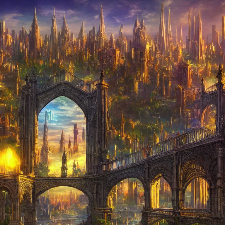 Fantasy city with towering spires and golden sunset.