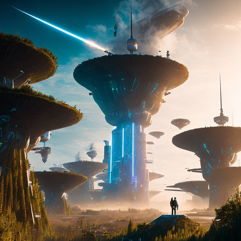 Futuristic cityscape with towering mushroom-like structures and glowing blue lights