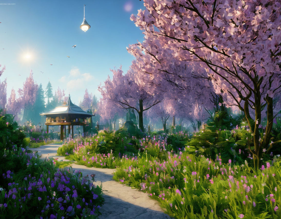 Tranquil park scene with pink cherry blossoms, gazebo, flowers, cobblestone path