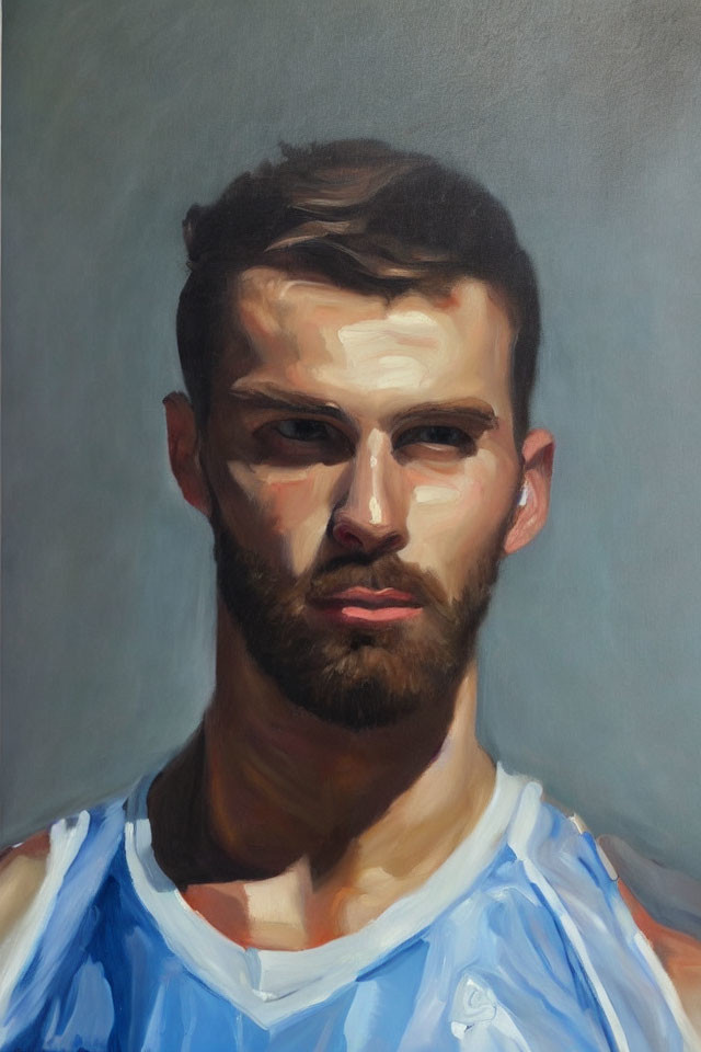 Bearded Man in Blue and White Jersey Portrait with Intense Gaze