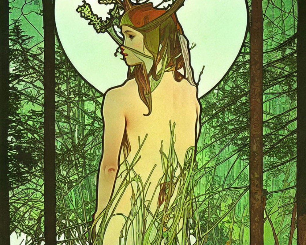 Illustration of figure with antlers blending into forest background with circular motif