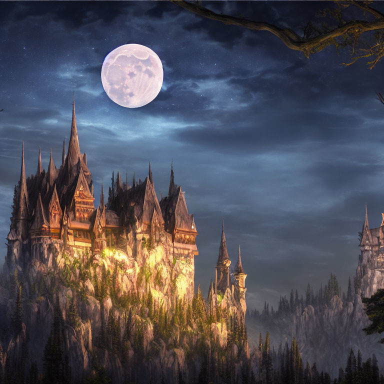 Majestic castle on rugged hilltop under full moon