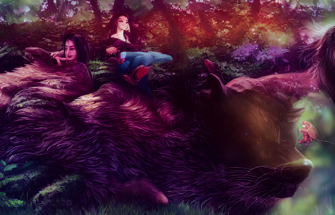 Two women on giant wolf in vibrant mystical forest