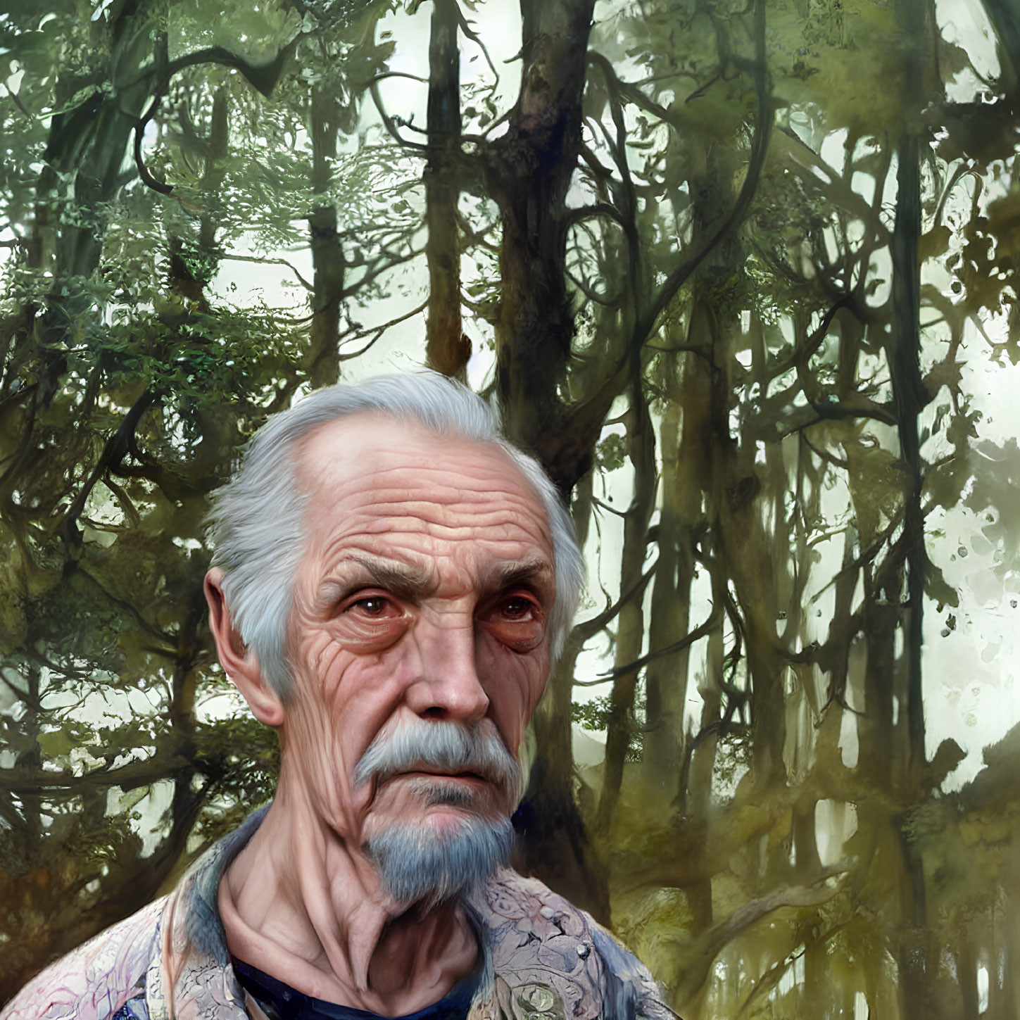 Elderly man with deep wrinkles in front of misty forest