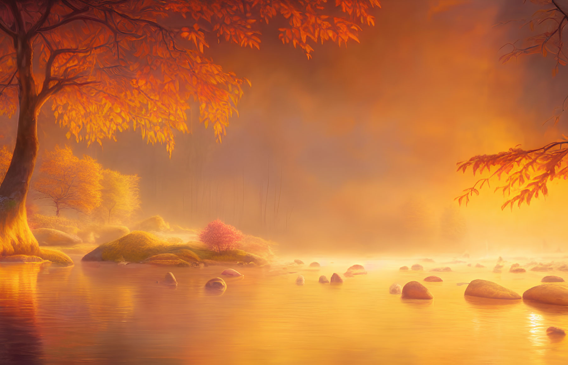 Golden foliage and misty river in serene autumn setting